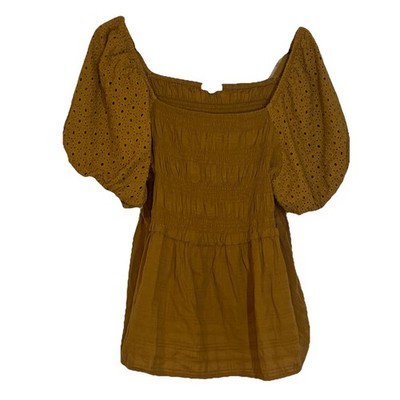 Maurices Plus Size Eyelet Puff Sleeve Babydoll Blouse Top Tan Gold Cotton 2X 
