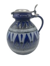 Zoller Handarbeit Cobalt Blue Gray Glazed Textured 10&rdquo; Jug W/ Pewter Lid Germany