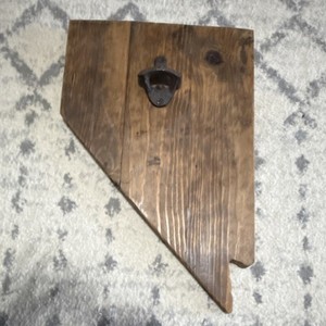 Rustic Wall-Mounted Bottle Opener on Nevada-Shaped Medium Brown Wood Plaque