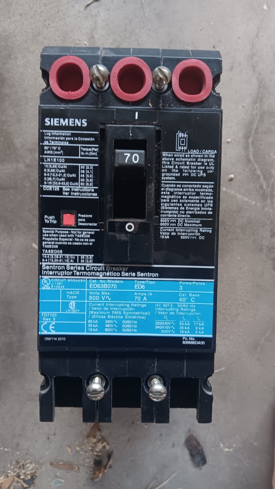 70 Amp 3ph 600v Breaker Siemens ED63B070