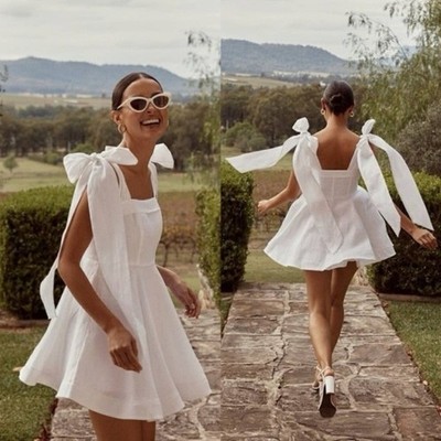 dissh aisle white linen back bow dress size 6 rrp 200 bnwt pockets  (276379826483),