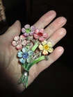 RARE VINTAGE CORO FLOWER ENAMEL RHINESTONE 4 X 2.5 PIN BROOCH