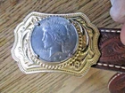 Vintage 1924 Peace dollar belt buckle on genuine cowhide belt