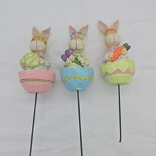 Easter Bunny Stakes Wired Stem x 3 Flower Pot / Bed Spring Decorations Resin x 3