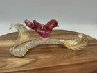 Vtg Murano Style Art Glass Cardinal Bird Sculpture Gold Aventurine Branch MCM