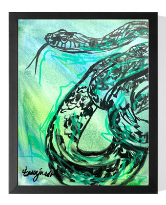 Guajardo Original Art: Green Snake 14X11 Canvas Signed Art Expressionism