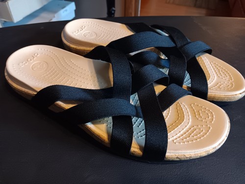 Women's Crocs Eddie Black Tan Comfort Casual Strappy Slides Sandals Size 11 - Picture 9 of 12