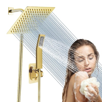 High Pressure Square Rain Gold Shower Head and Handle Shower Set.Equipped wit