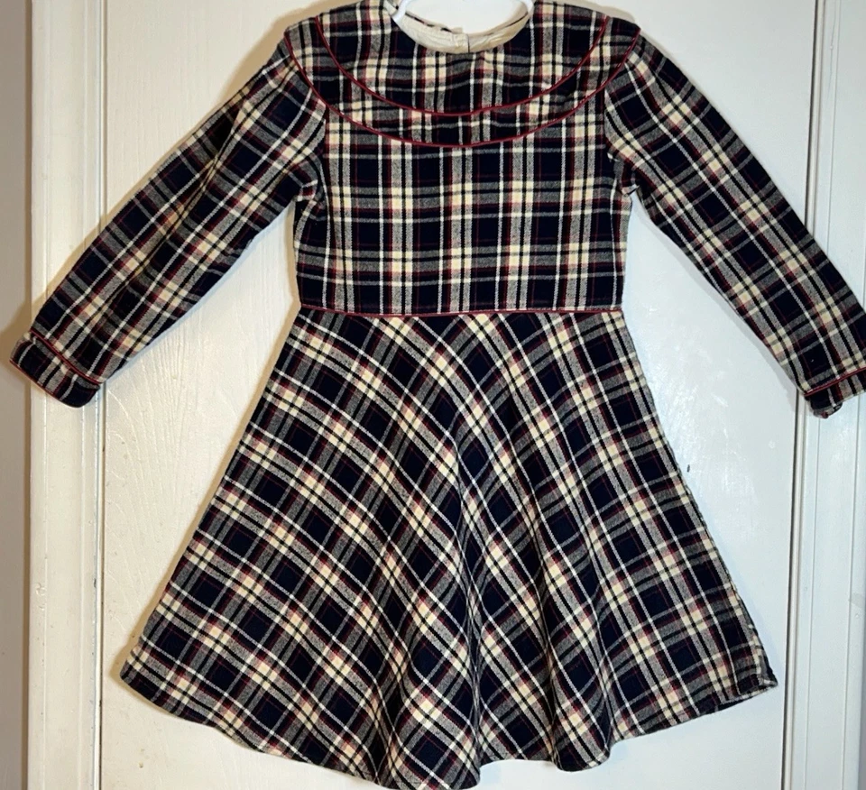 Olive Juice Little Girl Dress Flannel Long Sleeve Navy/Ivory/Red Plaid Collar - Image 2 of 4