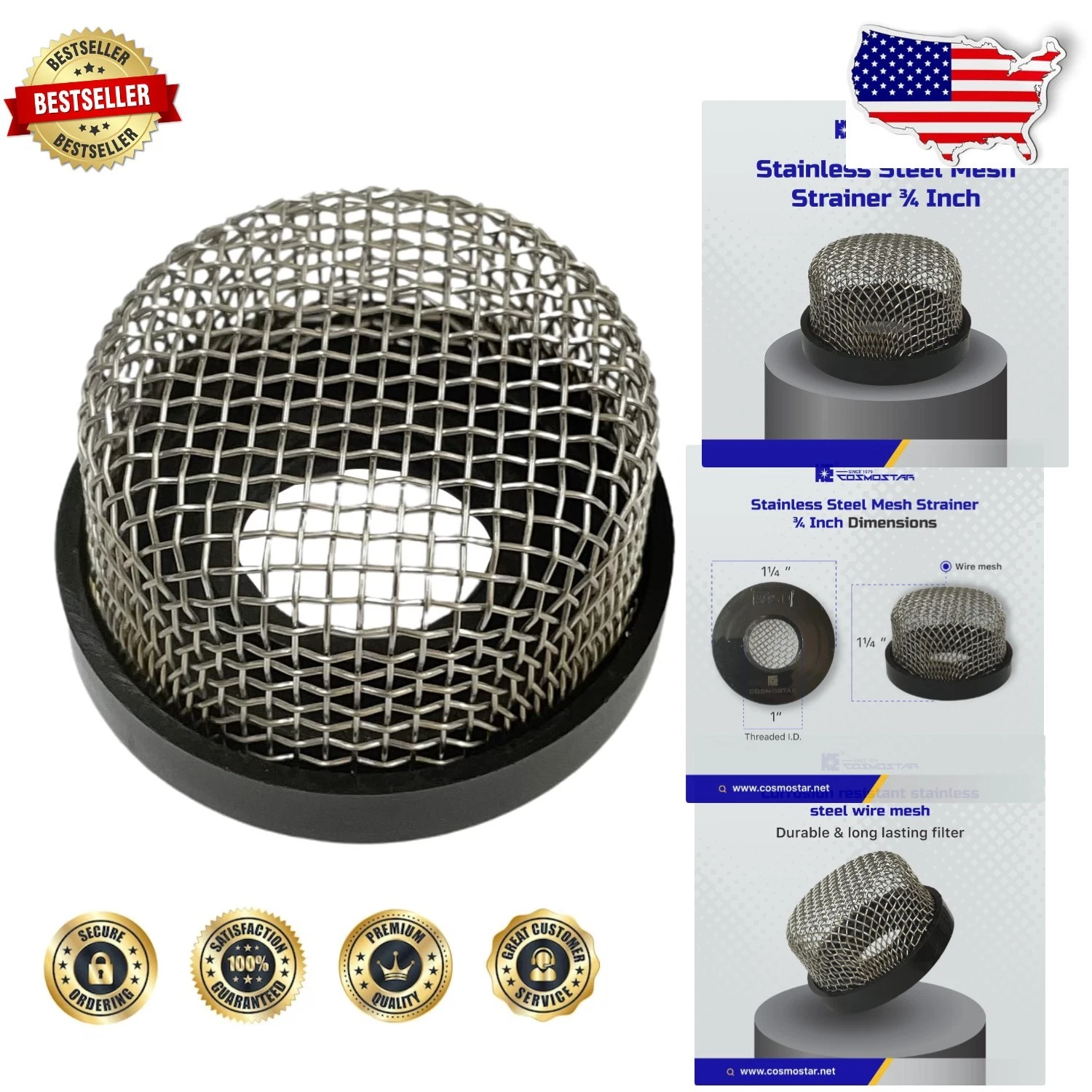 Cosmostar Stainless Steel Strainer ¾" -14, Debris Filter for Livewell Pump