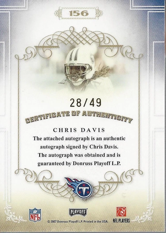 2007 Playoff National Treasures Signature Gold #156 Chris Davis Auto /49 FB - Image 2 of 2