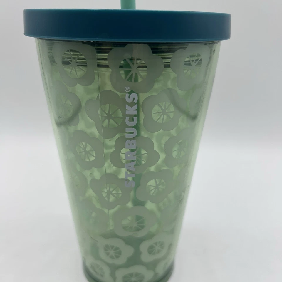 Vaso acrílico Starbucks Grande verde flor floral verde paja taza fría 16 OZ Foto 2 de 4