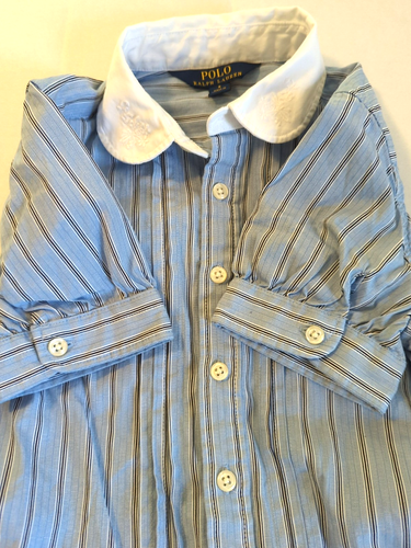 Polo Ralph Lauren Shirt Dress Girls 8 Blue Stripe Short Sleeve Tan Pony Nautical - Picture 5 of 10