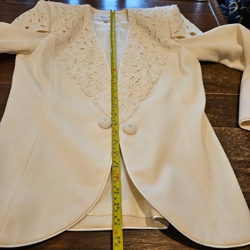 Damen Nolan Miller Vintage 80er Jahre verziert Creme Wolle Rock Set Größe 10 - Bild 12 von 15