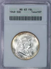 1949 Franklin Half Dollar 50C ANACS MS63 FBL Old Holder Beautiful Color & Frost!