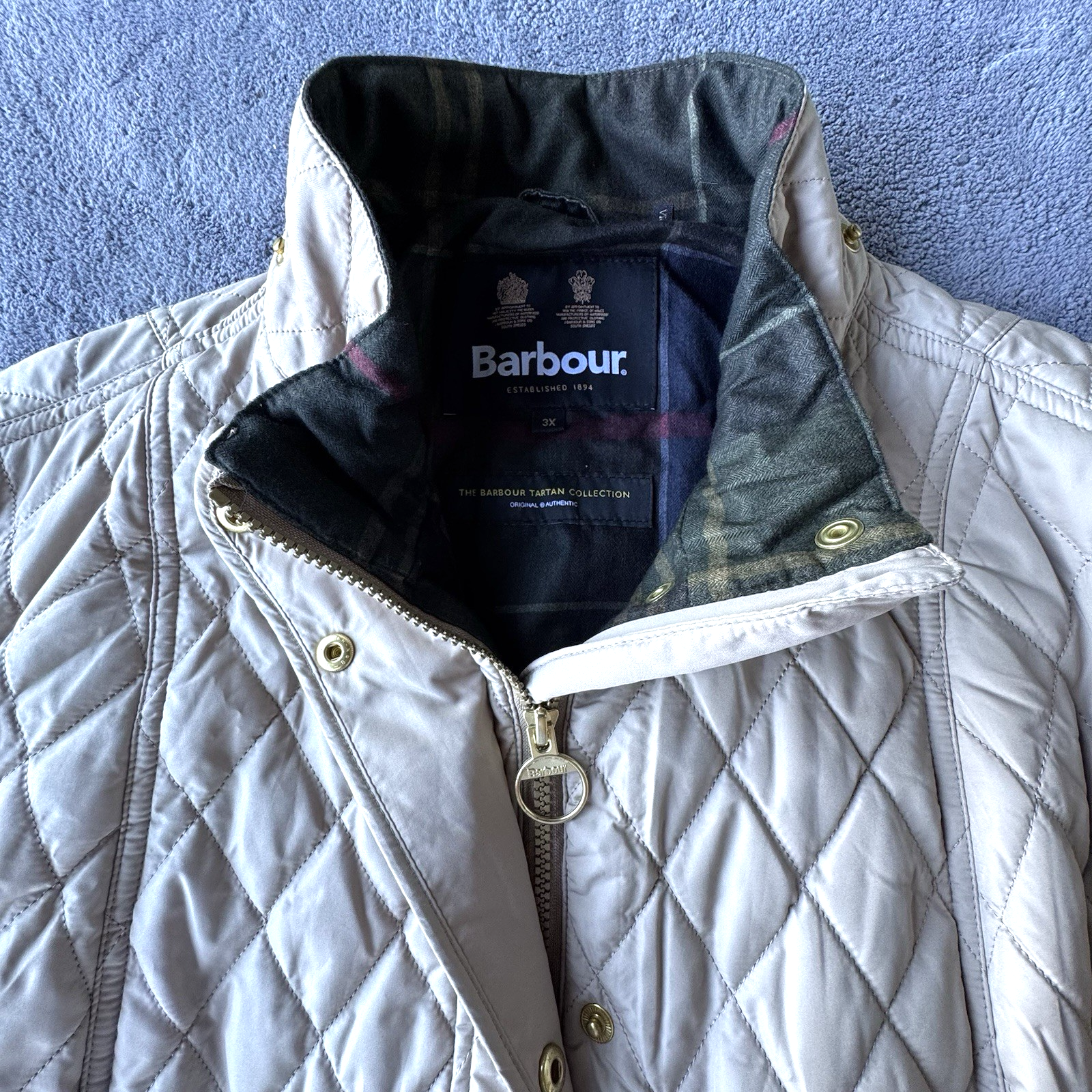 Barbour Womens 3XL Cream Quilted Tartan Jacket with Flannel Lining
