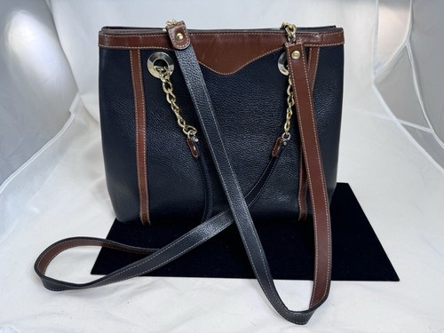 BALLY Black Woven Leather Gold Chain Shoulder Bag Purse Brown Satchel VTG 99490 - Picture 6 of 24