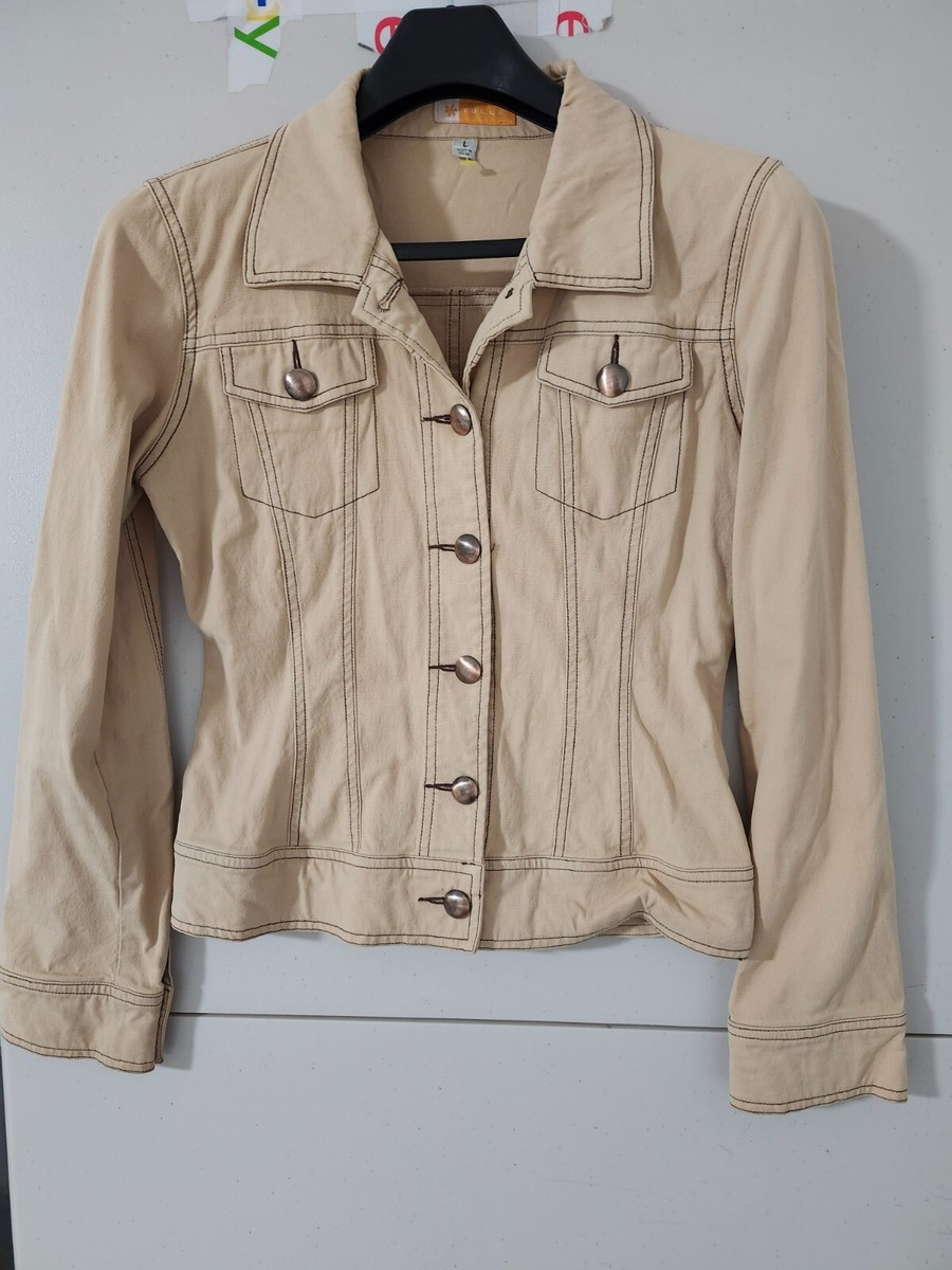 Tulle Jacket Womens L Brown Denim Button Up Collar Trucker Pocket