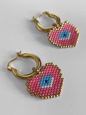 Miyuki Magic: 18K Gold-Plated Heart Evil Eye Hoop Earrings - Sweet Pink