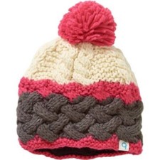 New Cold Front Ladies Chunky Knit Beanie White Pink W/Pom Wool, Size One Size