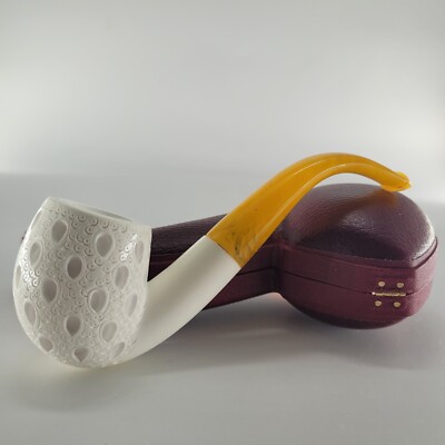 Verzierte gebogene Billard Meerschaumpfeife handgeschnitzt Block Meerschaum & Etui CPW1730