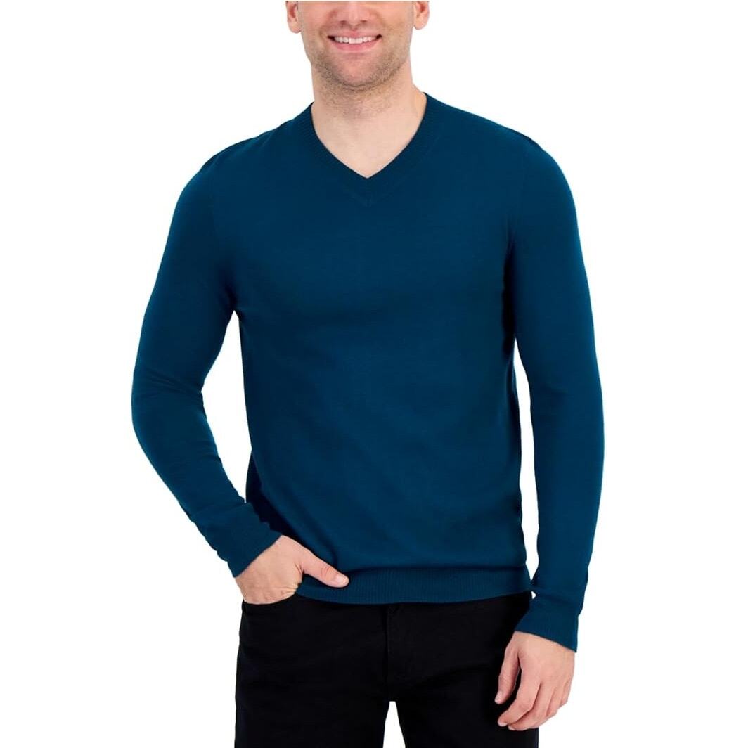 Alfani Men's Dark Kale Merino Wool Blend Knit Long-Sleeve V-Neck Sweater Size L