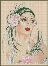 Art Deco Lady with Dark Green Hat and Pink Roses Cross Stitch Chart  No.1-3b