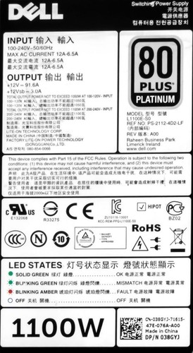 Serveur Alimentations Dell 038GYJ 1100WATT L1100E-S0 Hot-Swap R520 R620 R720 - Afbeelding 3 van 3