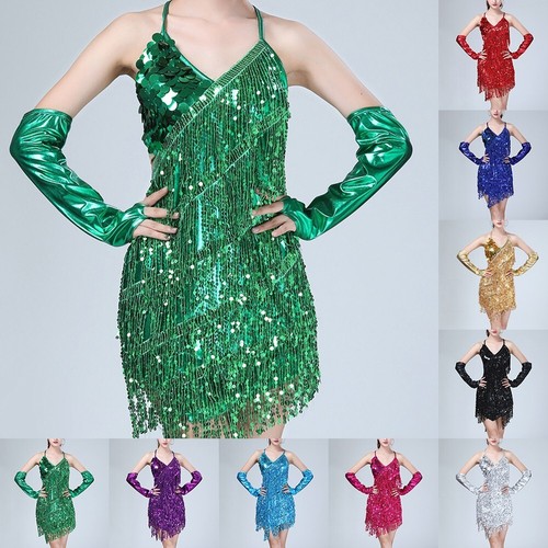 Backless Tassels Dress Women Halter Neck Tango Dance Costume Gold