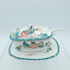 Portuguese Preserve Pot, Spoon, Plate, Lid, Handpainted Vintage