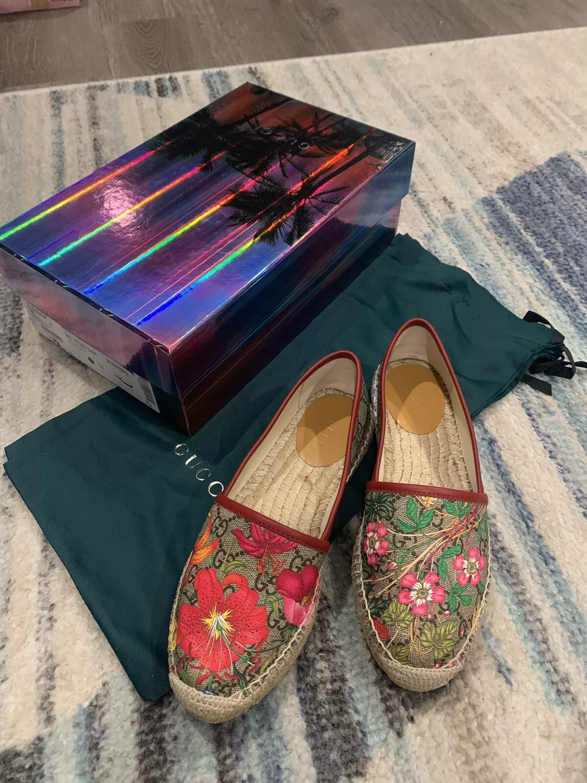 Espadrille plate à enfiler GUCCI Supreme GG Flora EU 36/US 611443 neuves dans leur boîte