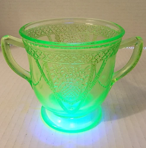 Vintage 1930s Federal Sylvan Lovebirds Green Uranium Depression Glass Sugar Bowl