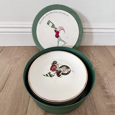 RARE Restoration Hardware NAUGHTY ELF Boxed Set of 6 Dessert Salad Plates Vtg