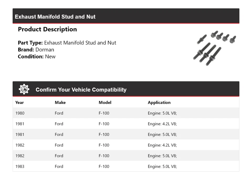 Гайка и шпилька выпускного коллектора для Ford F-100 Dorman 1980-1983 годов выпуска 1981 1982 годов выпуска - Изображение 2 из 4