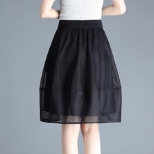 Damen Plissee High Waist Mesh A-Linie Tellerrock Tüll Knielang Sommer Schwarz