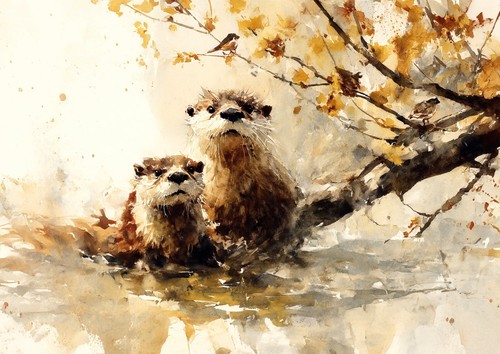 Curious Otters 5"x7" Print on Matte Paper | Playful Woodland Animal Painting - Picture 5 of 17