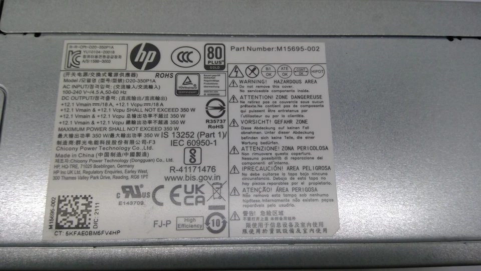 HP TG02-0013W 350W 80 Plus PSU Internal Power Supply D20-350P1A M15695-002 - Image 2 of 3