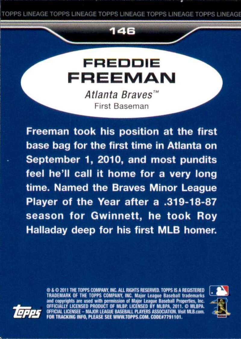 2011 Topps Lineage #146 Freddie Freeman RC Rookie Atlanta Braves Baseball Card - Picture 2 of 2