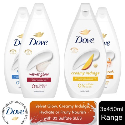 Dove Body Wash Hydrate, Fruity Nourish, Velvet Glow oder Creamy Indulge, 450ml, 3er Pack