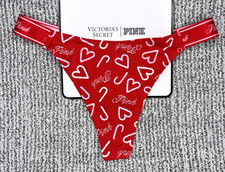 Victoria's Secret PINK NWT Medium Red Heart Logo Print Thong Panty Cute Spellout