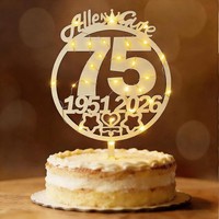 Tortendeko 75. Geburtstag Holz Cake Topper Mit LED Lichterkette Blumenstecker