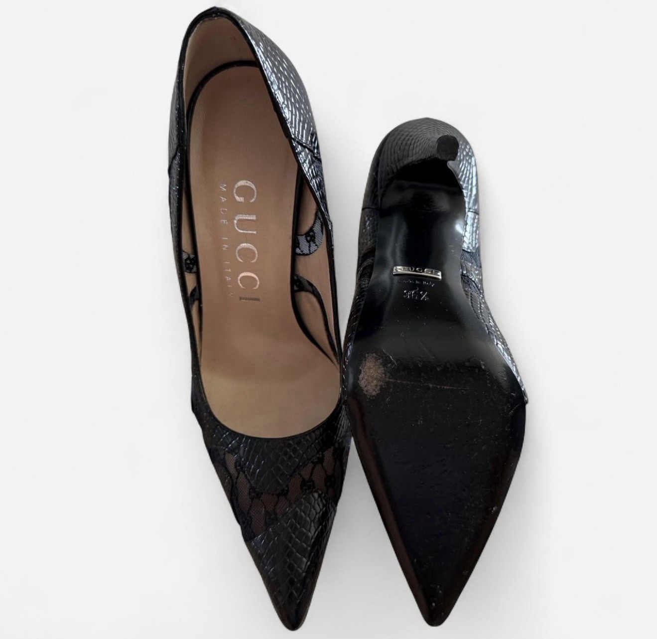 GUCCI Black Lace & Python-Embossed Leather Pointe… - image 5