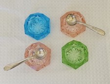 4 Hexagon Pastel Pressed Glass Salt Cellars W/ 2 Spoons