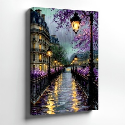Wall Art Rainy Paris Street Scene Purple Blossoms Lantern Bridge Room Print