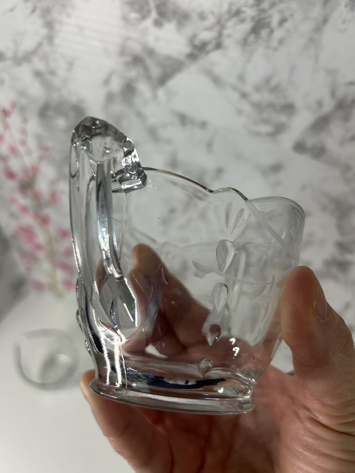 Vintage Glass Creamer & Open Sugar Set Etched Clear Floral Replacement Creamer