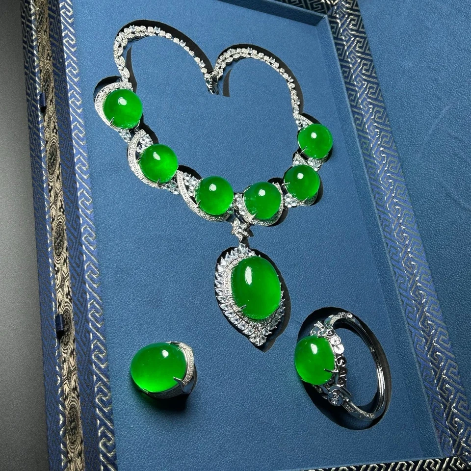 Certified Nature ice green Burmese Jade jadeite necklaces&bracelets&Rings Sets - Image 2 of 4