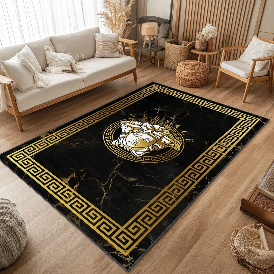 Greek Framed Versace Area Rug, Marble Look Background, Gold and Black Carpet - Image 4 of 4
