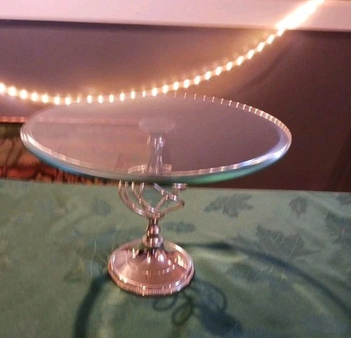 Vintage Tiffany Style Cake Stand 8.5" Tall 12" Round Beveled Glass Silver Metal