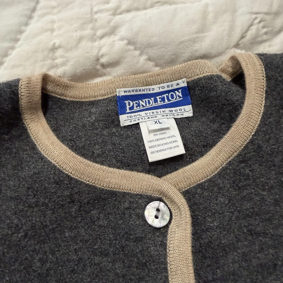 Cárdigan Suéter Vintage Años 90 Y2K Pendleton Lana Talla XL Para Mujer Gris Tostado Bolsillos Foto 2 de 4