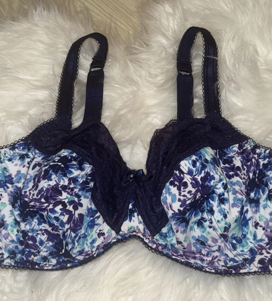 Fayreform F20-598 无衬垫钢圈文胸蕾丝印花女式 32DD 蓝色白色 — 第 3/4 张图片